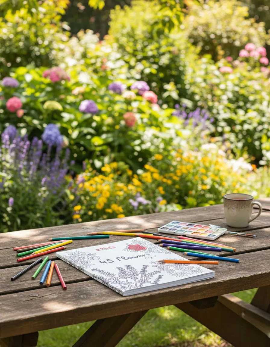 Coloring book titled “45 Flowers” by Rita’s Garden Path on a wooden picnic table outdoors, surrounded by colored pencils, a watercolor palette, and a mug, with a vibrant flower garden in the background.