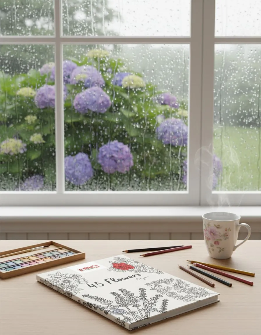Coloring book titled “45 Flowers” by Rita’s Garden Path on a wooden desk beside watercolor paints and colored pencils, with a floral mug of tea and rain falling outside a window overlooking blooming hydrangeas.