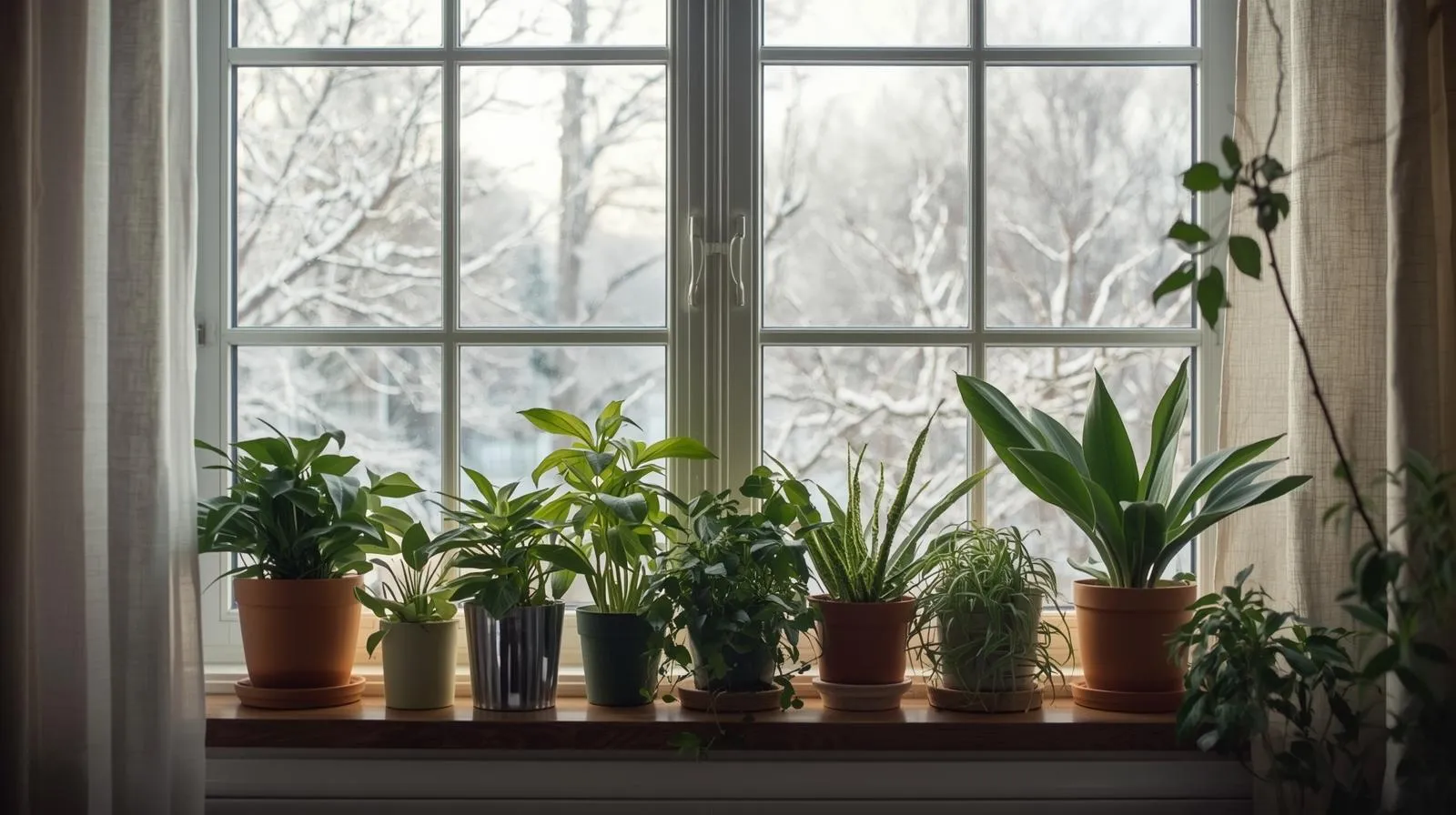 Row of lush indoor plants on a sunny windowsill with snow-covered trees outside