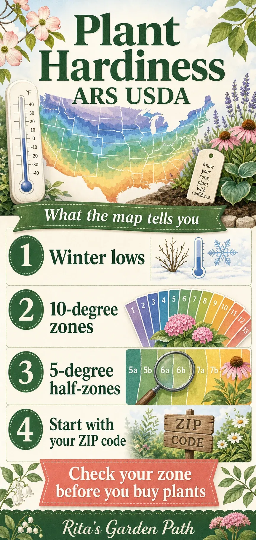 Pinterest-style infographic explaining plant hardiness ARS USDA basics with a hardiness zone map, thermometer, winter lows, 10-degree zones, 5-degree half-zones, and ZIP code lookup.