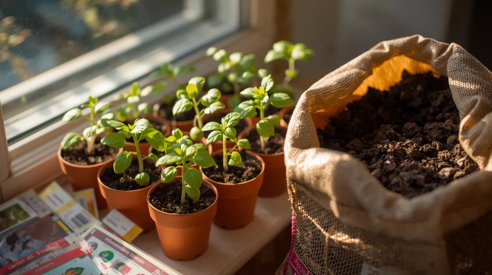 Gardener starting seeds indoors in trays organized by USDA hardiness zone with seed starting calendar on the wall