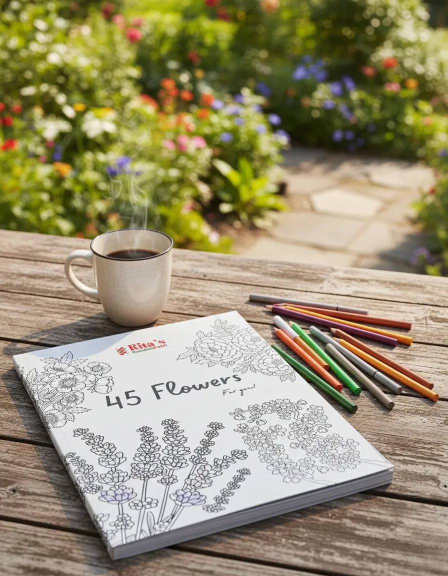 Beautiful flower coloring book pages spread out on a table