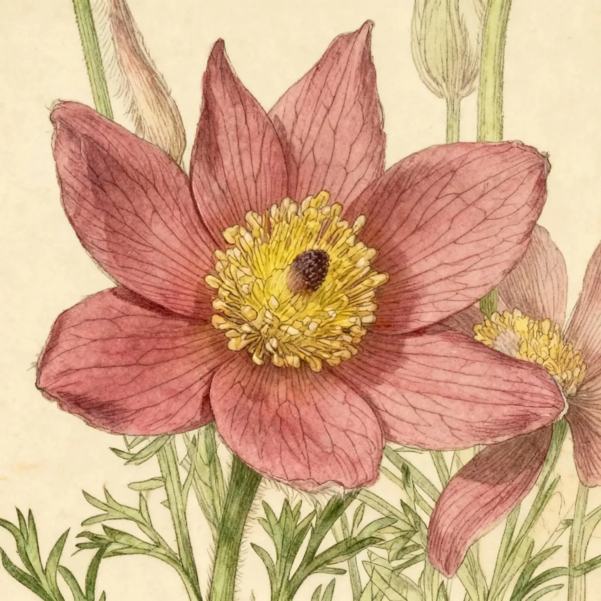 Pasque flower (Pulsatilla vulgaris 'Rote Glocke' RED CLOCK)